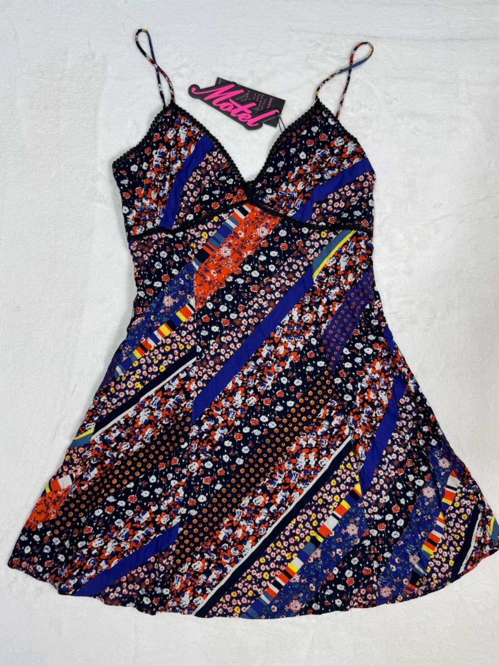 Motel Rocks Antonette Mini Dress in Floral Stripe Patchwork - Size Small